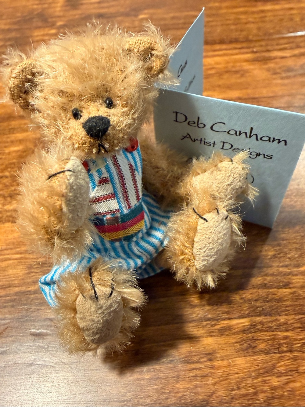 VINTAGE!! Deb Canham Artist Designs Miniature Mohair Bear in Striped Overalls